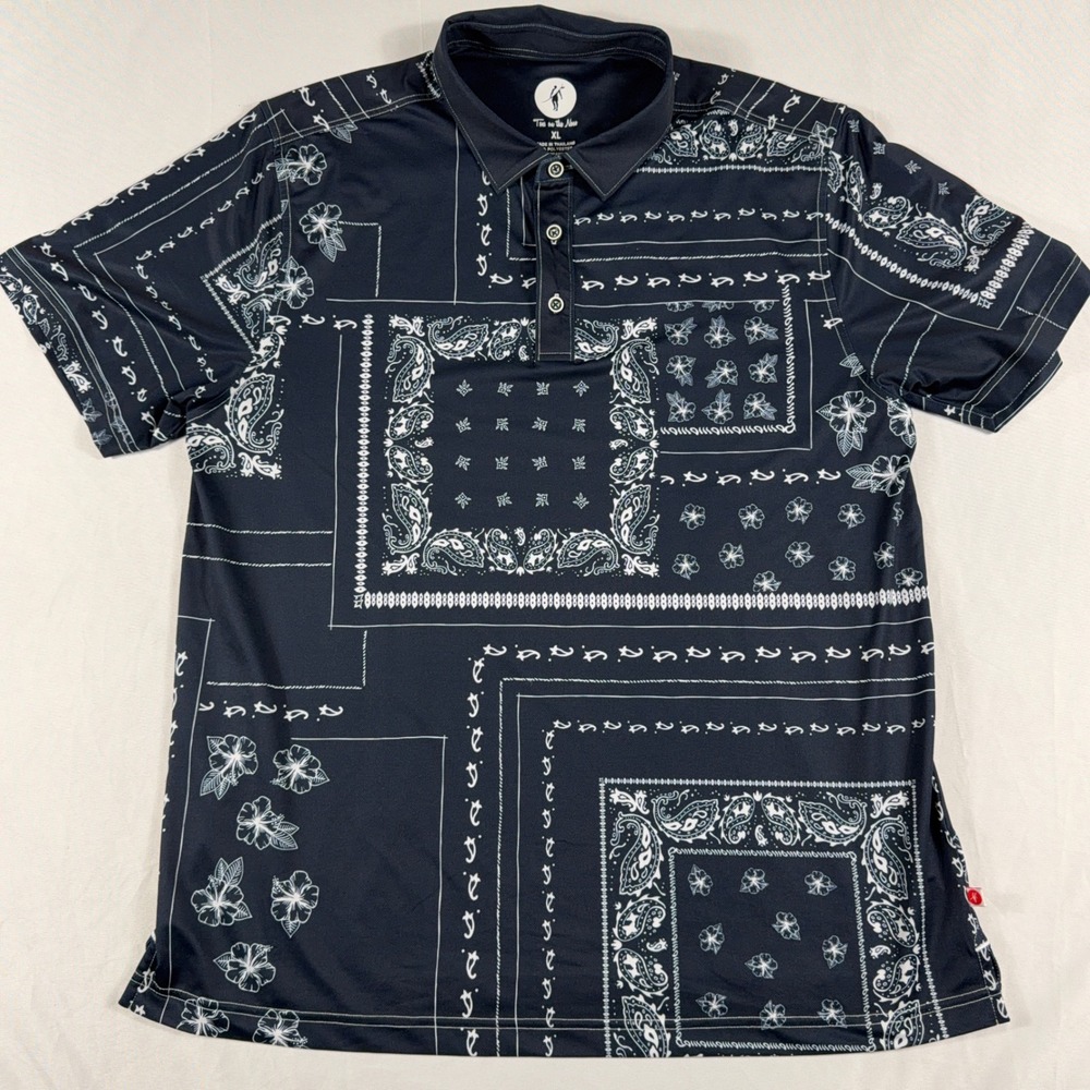 Toes on the Nose Bandana Paisley Floral Performance Polo XL Navy Blue White Surf